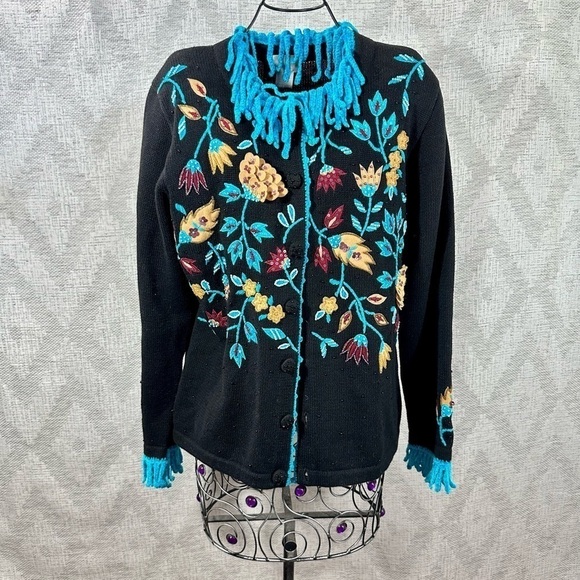 Vintage Berek beaded and embroidered floral button up cardigan size L - Picture 1 of 11